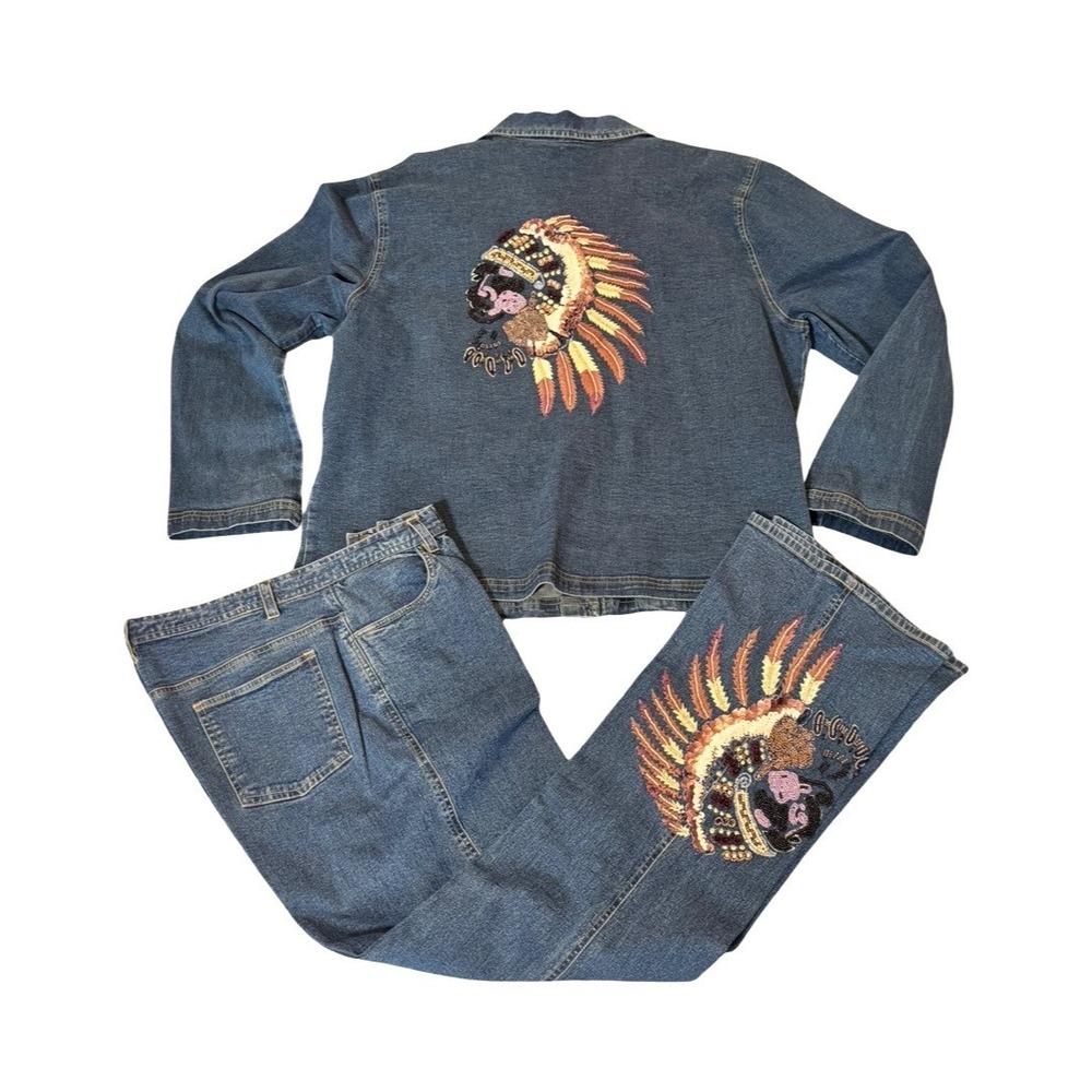 Jane Seymour‎ Signature Blue Denim Beaded Native American Jacket & Jeans Set 2XL